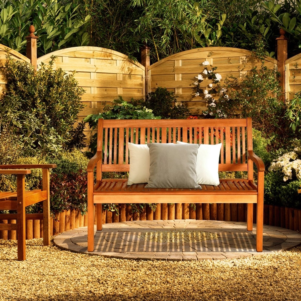 Solid Wood Garden Bench – 2 - Person Eucalyptus Patio Bench with Curved Back & Wide Armrests - Napa Valley Wildflower Co.