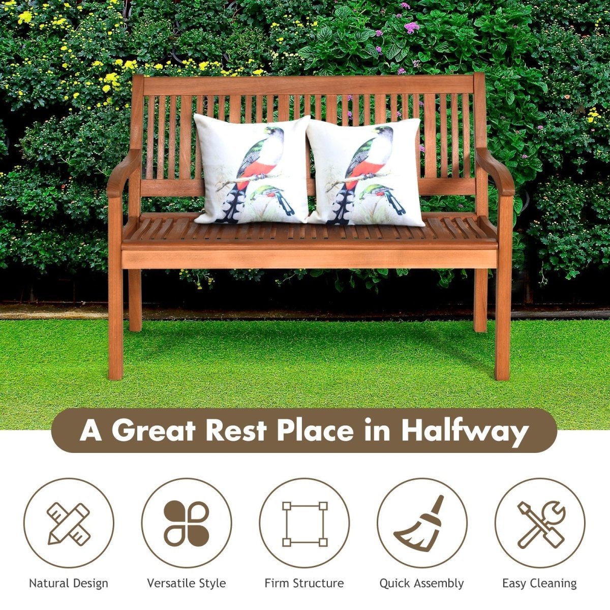 Solid Wood Garden Bench – 2 - Person Eucalyptus Patio Bench with Curved Back & Wide Armrests - Napa Valley Wildflower Co.