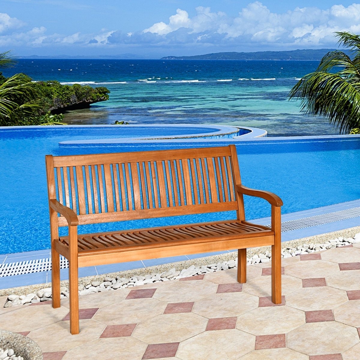 Solid Wood Garden Bench – 2 - Person Eucalyptus Patio Bench with Curved Back & Wide Armrests - Napa Valley Wildflower Co.