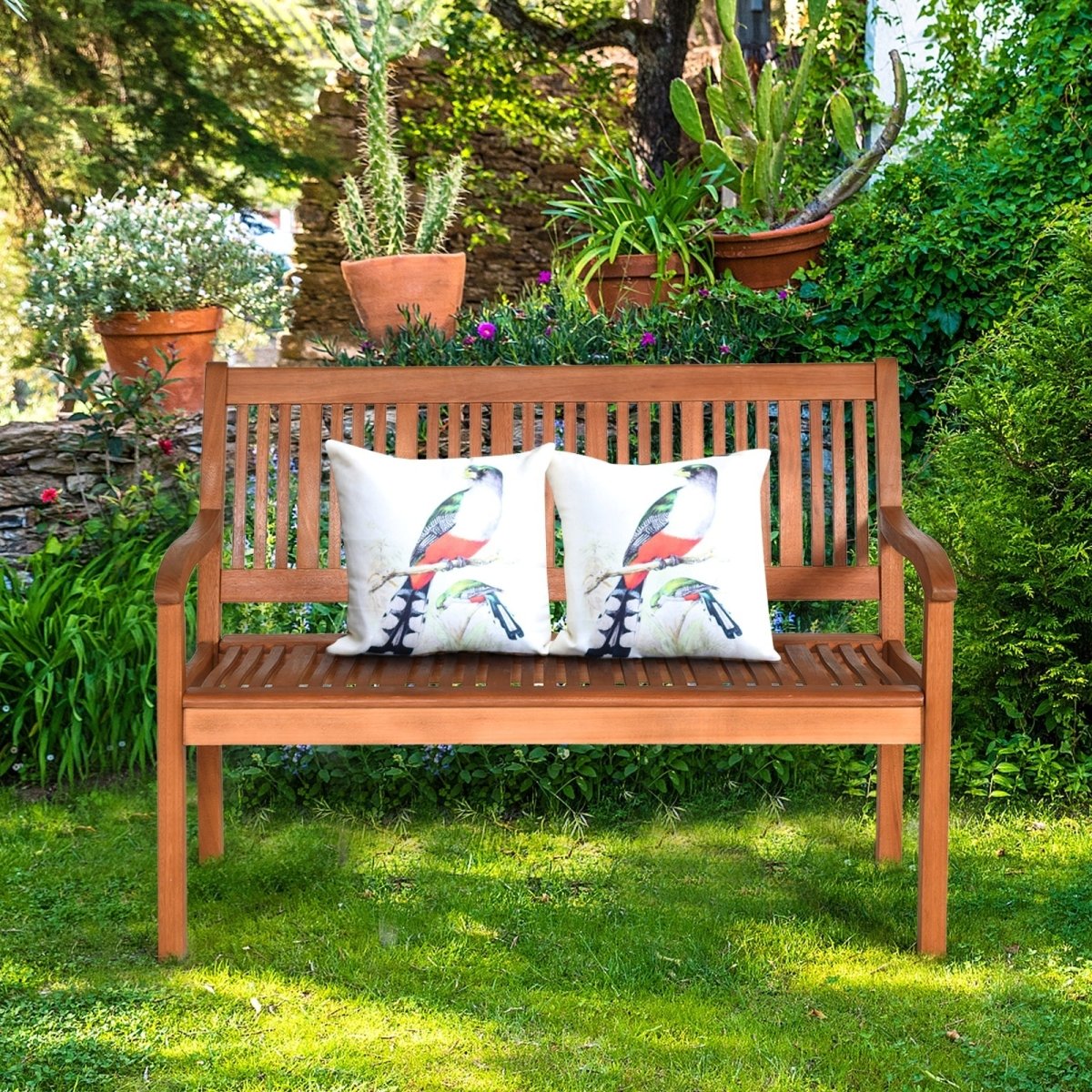Solid Wood Garden Bench – 2 - Person Eucalyptus Patio Bench with Curved Back & Wide Armrests - Napa Valley Wildflower Co.
