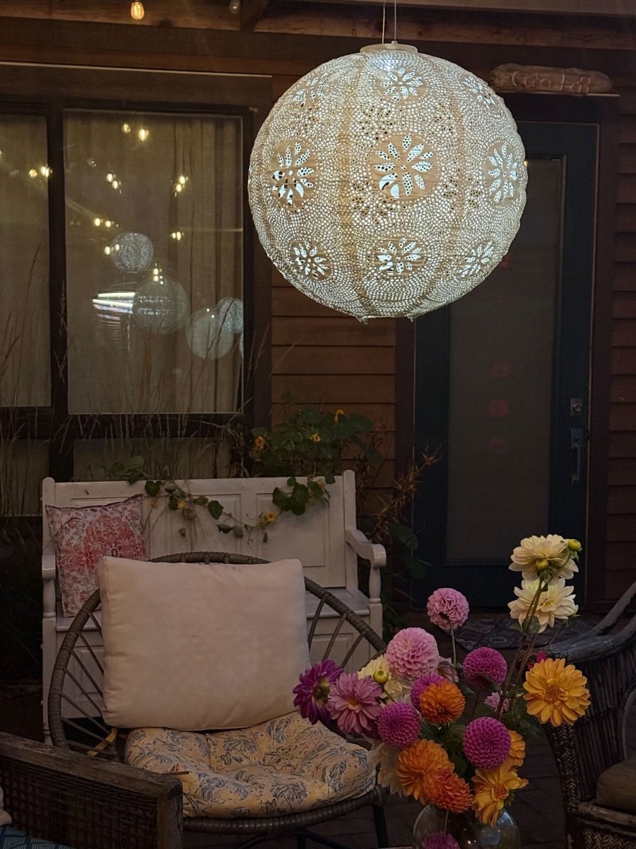 Stella Luxe Globe Boho Pearl 18" LED Lantern (Battery Powered) - Napa Valley Wildflower Co.