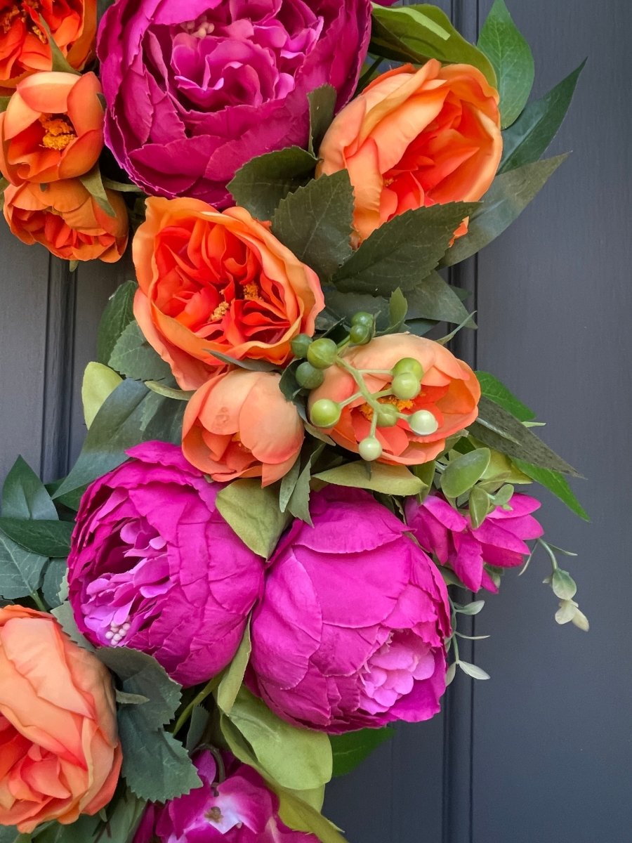 Summer Pink & Orange Peony Wreath - Napa Valley Wildflower Co.