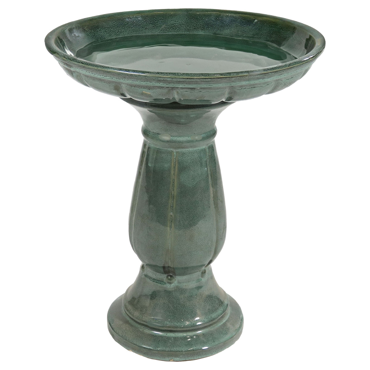 Green ceramic bird bath on a white background