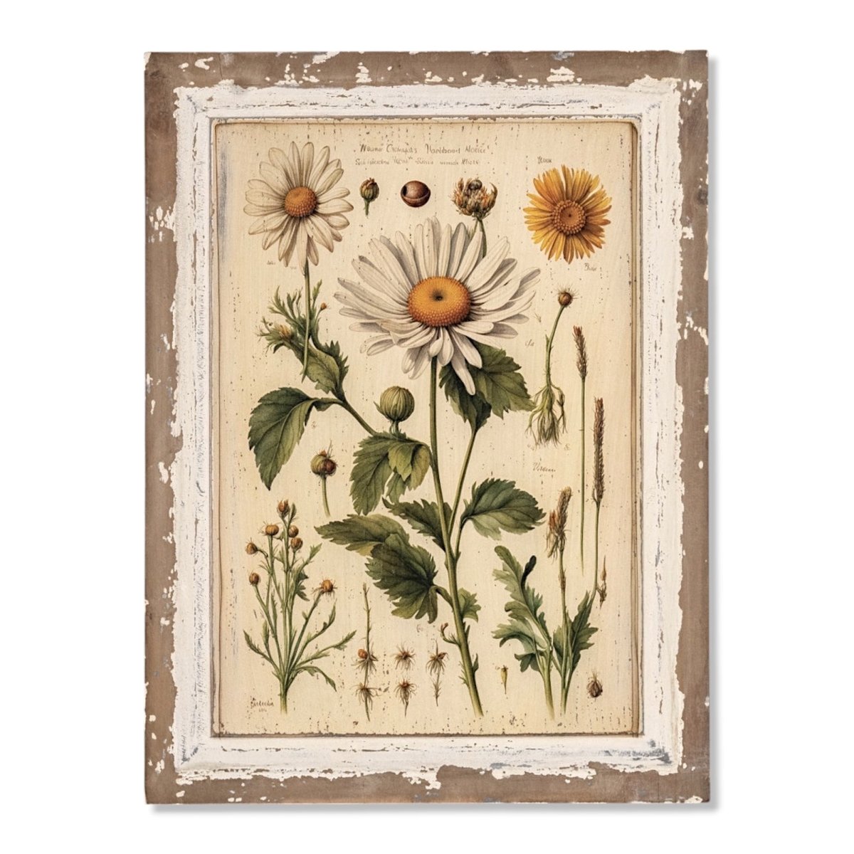 White Daisy Botanical Print on Distressed Wood Frame - Napa Valley Wildflower Co.