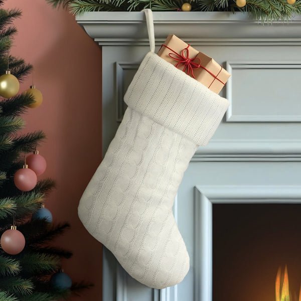 White Plush Cable Knit Stocking - Napa Valley Wildflower Co.