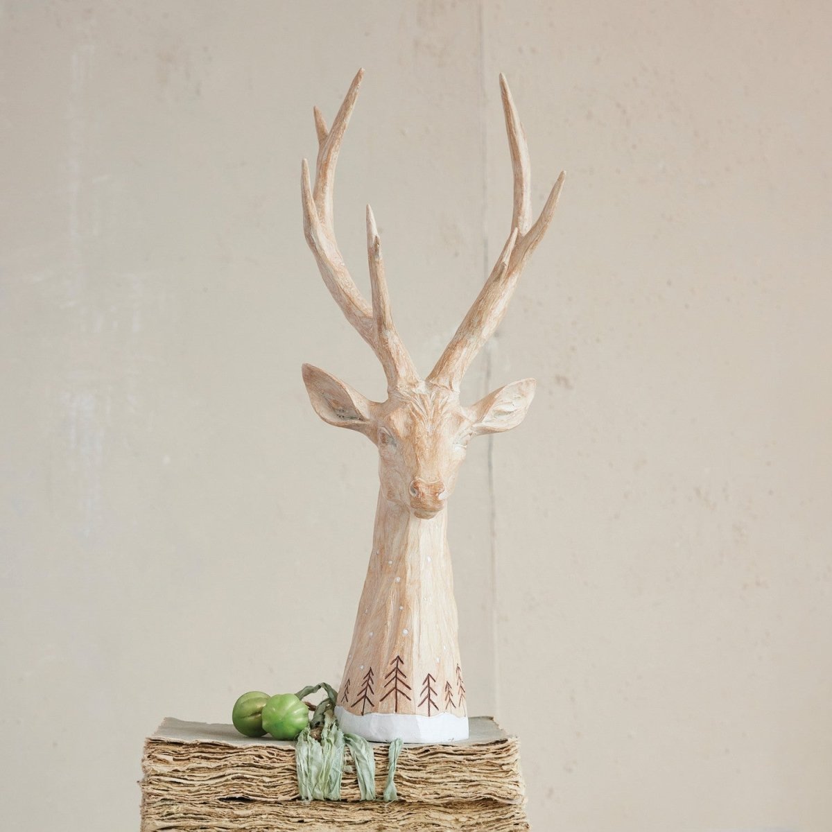 🦌 Whitewashed Resin Deer Head with Etched Tree Design🌲 - Napa Valley Wildflower Co.