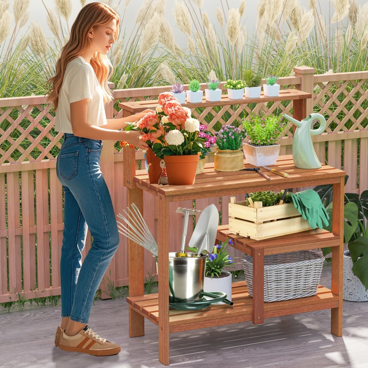 Wooden Garden Potting Bench Workstation – Outdoor Planting Table with Shelves - Napa Valley Wildflower Co.