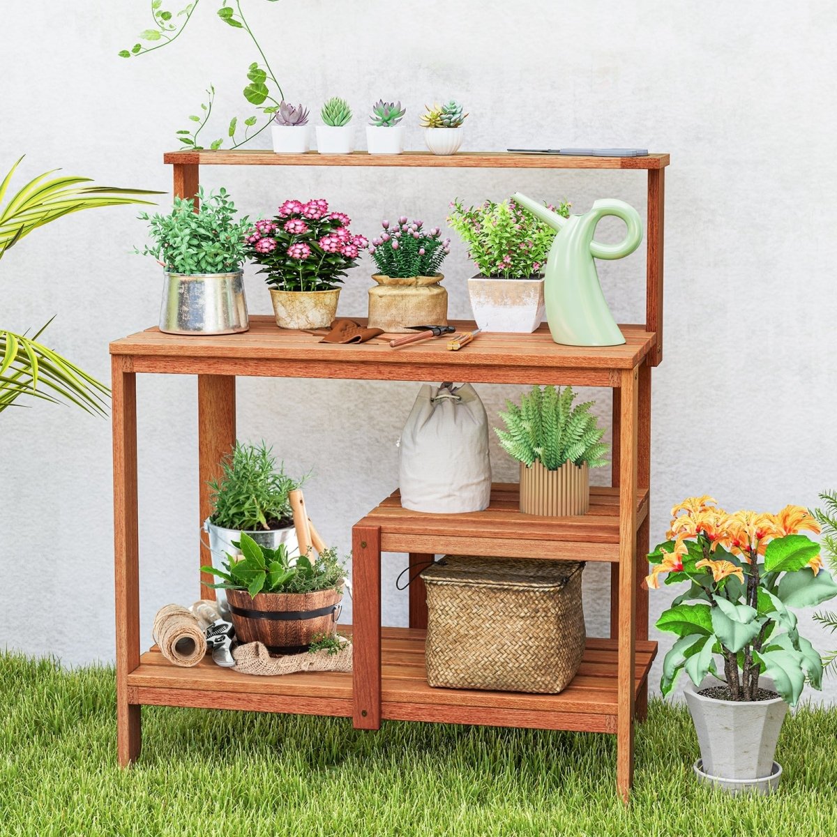 Wooden Garden Potting Bench Workstation – Outdoor Planting Table with Shelves - Napa Valley Wildflower Co.